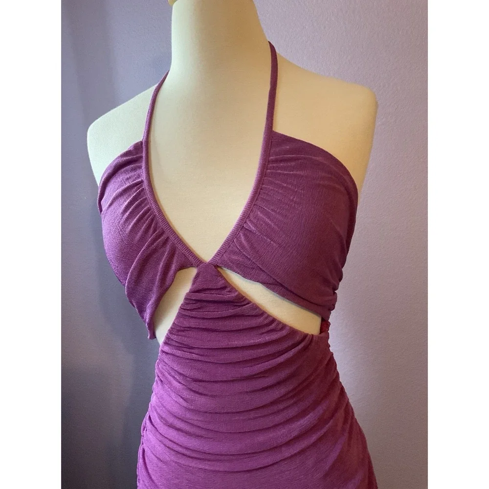Edit by Nine Purple Ruched Bodycon Cutouts Halter Tie Dress‎ Medium NEW